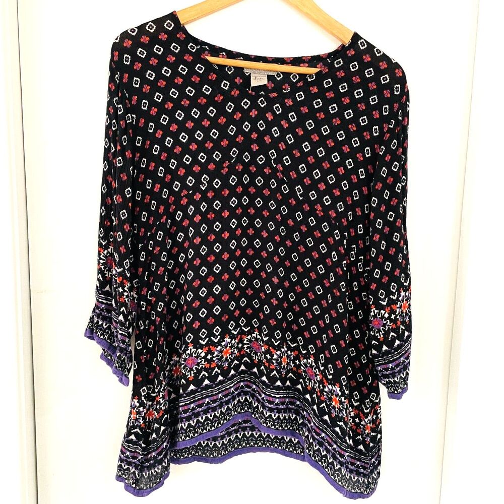 World Market Women's Size S/M Round Neck Floral Geometric Print Blouse Shirt EUC